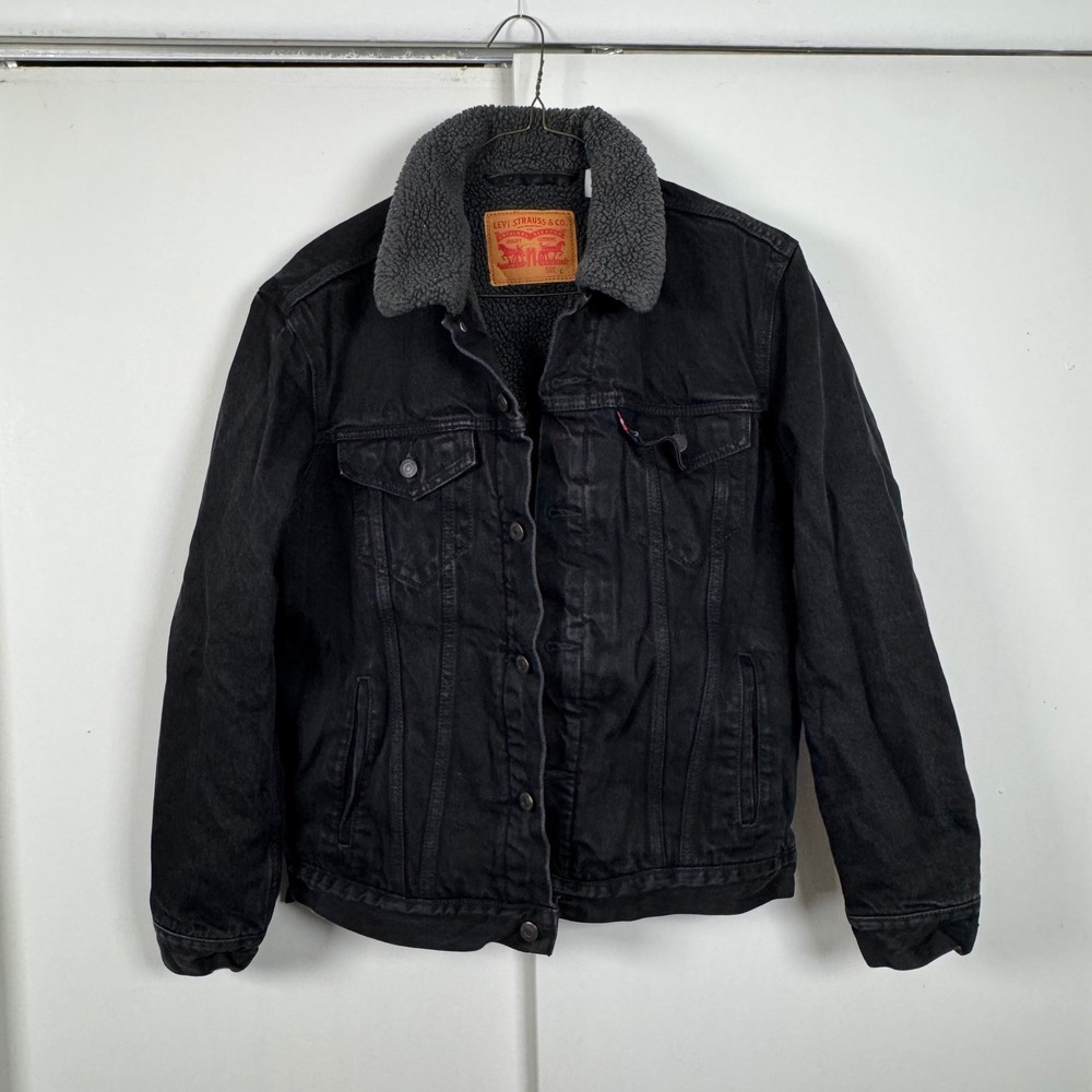 Levis Mens Sherpa Lined Trucker Jacket Black Denim Faux Fur Coat Large